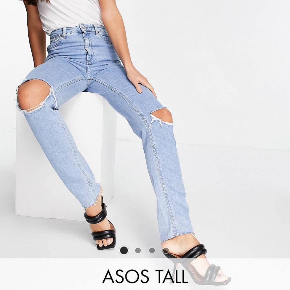 ASOS Design Tall high rise slim mom jeans in light wash with rips W30 L36